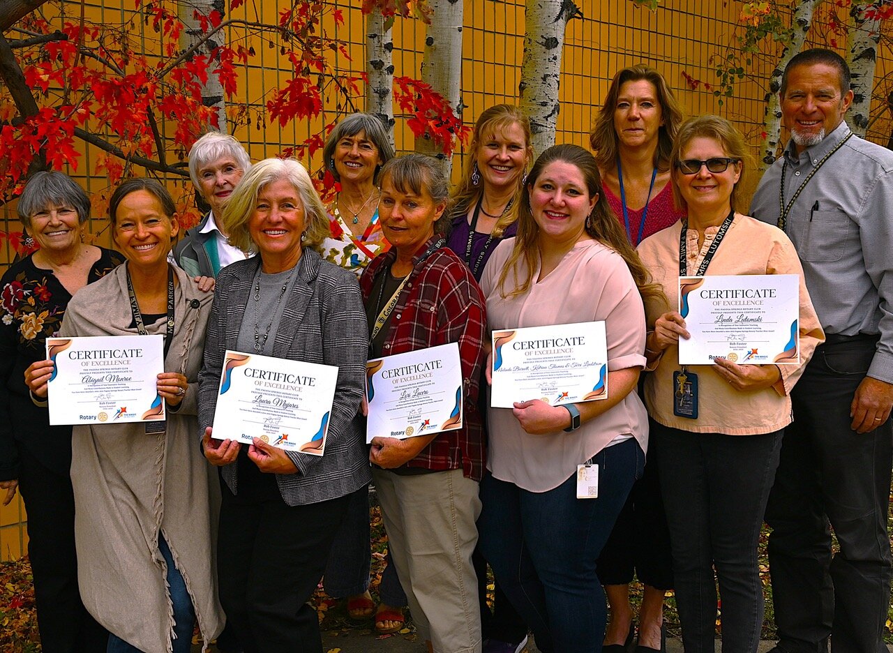 Pagosa Springs Middle School and Pagosa Family School were among the schools with teachers who were awarded Rotary teacher mini grants. Pictured are Melanie Garrett, Principal Jane Lewis, CiCi Stuart, Laura Mijares, Ronnie Doctor, Lori Lucero, Katrina Thomas, Malinda Burnett, Terri Lindstrom, Linda Lutomski and Principal Chris Hinger. Not pictured is Abigail Monroe.